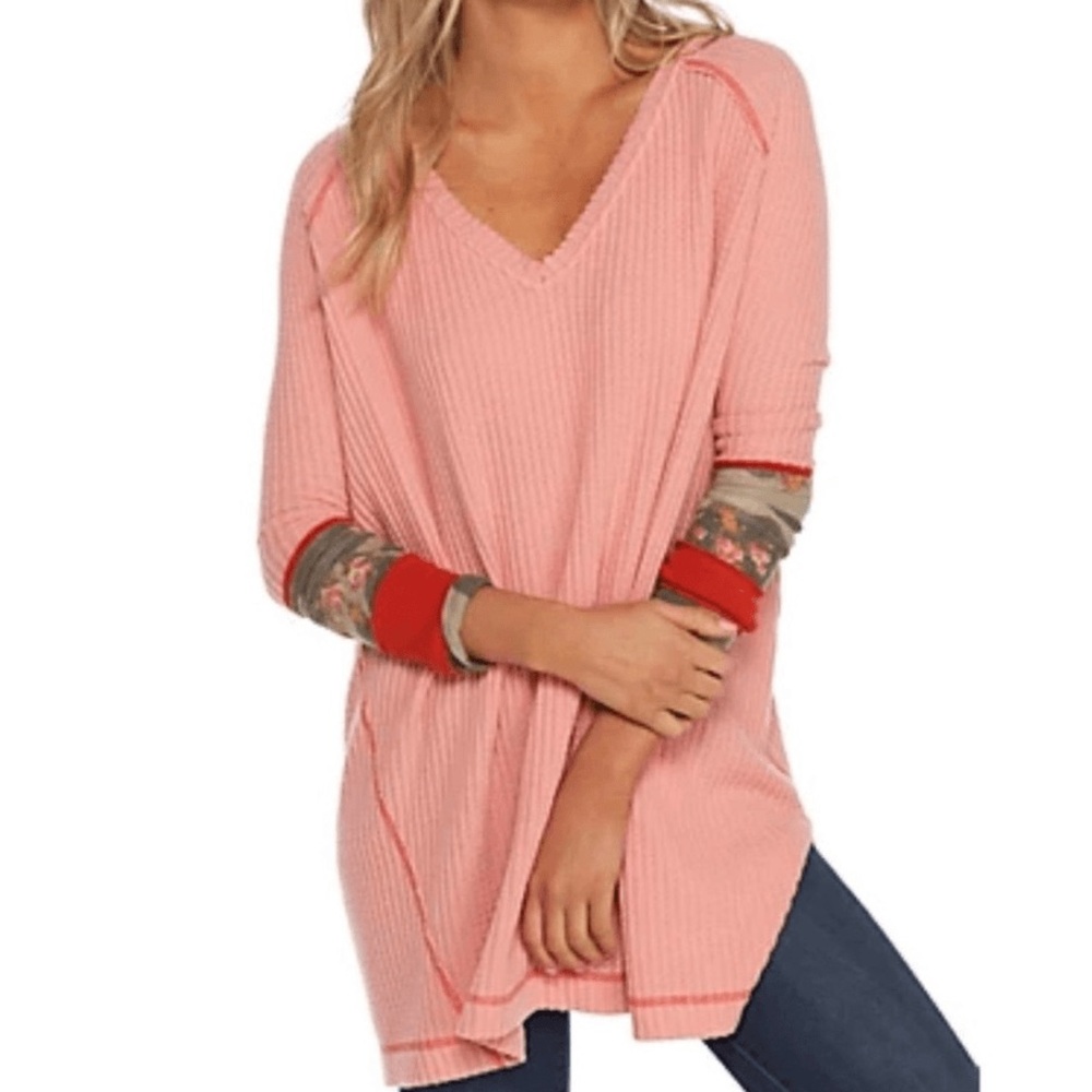 We The Free Free People Lovin Leopard Peach Thermal Top Waffle Knit XS Oversized